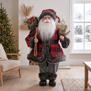 Red <b>Grey</b> Plaid Flared <b>Coat</b> Santa Claus Statue <b>Standing</b> Xmas Figure for Living Room Holiday Display - Product Image 2