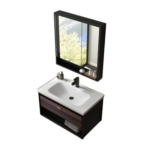 Armoire de salle de bain noire, armoire à miroir en verre de petite taille, lavabo sur comptoir blanc, corps d'armoire mural - Product Image 2