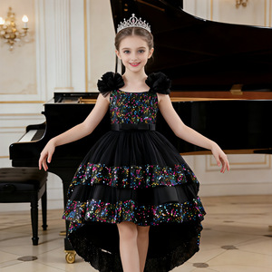 Robe de princesse pour filles, robe de bal à sequins, col halter, en tulle, pour fête d'anniversaire, robe de cérémonie avec traîne et nœud 9003 - Product Image 4