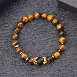 Bracciale Elastico con Perle di Occhio di Tigre Nero, Gioiello Artigianale Bohemien con Corona in Pietra Naturale, per Uomo e <span class=keywords><strong>Donna</strong></span>, Portafortuna Quotidiano - Product Image 2