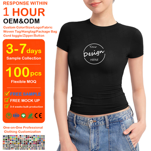 Vente en gros de t-shirts courts pour femmes de haute qualité, style Y2K, en coton, à manches courtes, coupe ajustée, avec impression personnalisée, style baby crop tee. - Product Image 1