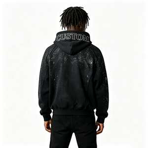 Felpa con cappuccio personalizzata con zip intera, lavaggio acido, pesante, stile vintage, da uomo, con stampa lettere varsity e taglio corto effetto spinato - Product Image 3