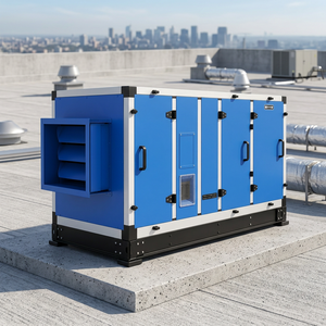 Unité de traitement d'air modulaire vue de face dans une salle d'usine industrielle moderne pour la ventilation et la climatisation commerciales. - Product Image 1