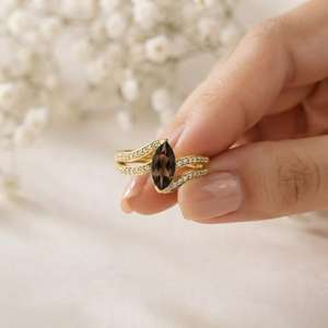 Anillo de compromiso de cuarzo ahumado natural con corte marquesa, chapado en oro de 18 quilates, plata de ley 925, anillos de mujer, joyería vermeil de eternidad. - Product Image 2