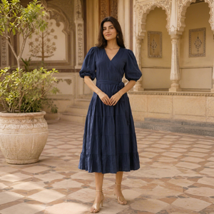 Vestido Largo Bohemio Premium de Algodón y Lino para Mujer, Ecológico, Transpirable, Cintura Natural, Azul Marino, Verano, Favorecedor - Product Image 1