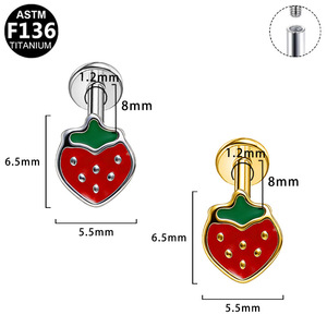 Piercing d'oreille en titane G23 pour femme, motif fraise, bijou de mode pour usage quotidien - Product Image 3
