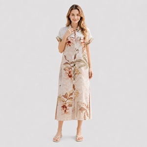 Abito chemisier lungo in lino <span class=keywords><strong>con</strong></span> stampa floreale boho chic, <span class=keywords><strong>spacco</strong></span> laterale, bottoni frontali, vita naturale, ecologico, estivo - Product Image 1