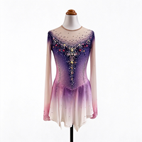 Robe de patinage et de danse dégradé violet, rose et blanc, en maille à manches longues, ornée de strass et de perles, pour enfants et adultes, pour compétition et spectacle