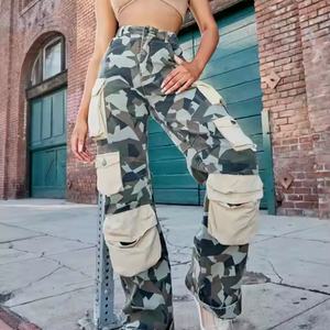 Nouveau design, jean vintage pour femme de haute qualité, imprimé camouflage personnalisé, 100% coton, délavé à l'acide, multi-poches, patchs, jean baggy - Product Image 3