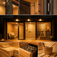 Suite de sauna extérieur avec salle de douche, salon de relaxation et terrasse en bois