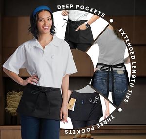 Tabliers de serveur LOGO personnalisé avec 3 poches Tablier de <span class=keywords><strong>serveuse</strong></span> réglable à la taille 100% Demi-tablier en polyester pour le nettoyage de la cuisine - Product Image 6