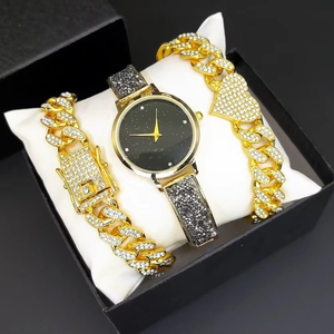 Women <b>Watch</b> and Two Bracelets Set Quartz Alloy Round Dial Rhinestone Inlaid Cuban Link Luxury Style - Product Image 1