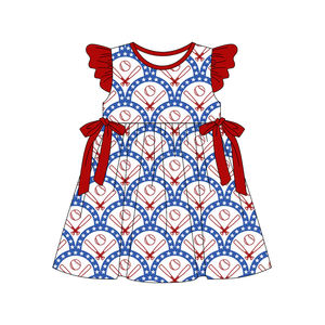 Vestido de Verano para Niña GSD3483, Personalizado, Azul y Rojo, con Estampado de Béisbol y Mangas Voladoras, Venta al por Mayor - Product Image 1