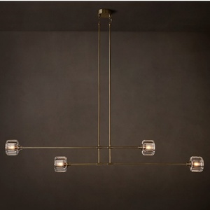 Contemporary Double Tier Rod Linear <b>Light</b> Satin Brass Frame Vertical Ribbed <b>Cube</b> Glass Pendant Lamp for Farmhouse Kitchen Island - Product Image 2