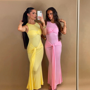 เดรสแฟชั่นเซ็กซี่สไตล์ยุโรปและอเมริกา คอลเลคชั่นฤดูใบไม้ผลิ-ฤดูร้อน ปี 2025 คอทรงโอ แขนกุด ผูกเชือก จับจีบ ทรงเข้ารูป ยาว สำหรับงานกลางคืน - Product Image 3