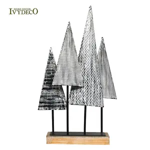 IVYDECO 3Dパーソナライズされた装飾ブラックホワイトミニ錬鉄製メタルクリスマスツリー木製台座テーブル装飾付き