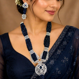 Ensemble collier et boucles d'oreilles en perles de zircon bleu marine de qualité supérieure, plaqué argent, en laiton, pour femmes, bijoux élégants de créateur pour mariage et fêtes nuptiales - Product Image 1