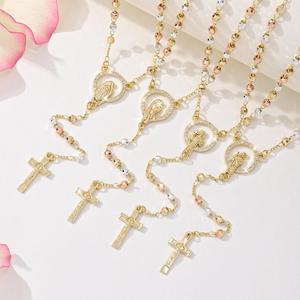 Christian Holiday Gift Ready Retail Packaging Religious Unisex Zircon Beaded <b>Necklace</b> Gold Plated - Product Image 2
