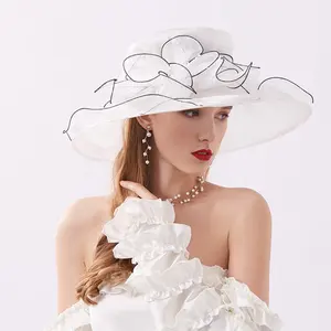 2024批发女士夏季可折叠花网眼礼帽迷人白色女士结婚礼帽