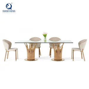 QIANCHENG mirrored gold double stainless steel pedestal 2.4m long dinning table luxury fiberglass glass dining room tables