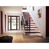 Escalier suspendu droit en bois avec balustrade en verre trempé pour intérieur