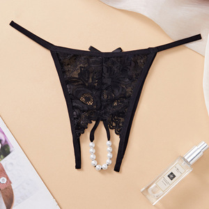 Black <b>Lace</b> Thong With Pearl Detail <b>Elastic</b> Stretch Women's Underwear - Product Image 2