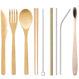 Ensemble de couverts en bambou biodégradable Brosse à dents Cuillère Fourchette Couteau Voyage en bois de bambou - Product Image 2