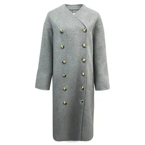 Personnalisation Manteaux longs en cachemire double face de couleur unie Trench-coat en laine pour femmes à double boutonnage