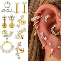 Anting-anting titanium zircon ASTM F136 Getta, model flat back 16g, dengan lingkaran tersembunyi, cocok untuk tragus, daith, rook, dan helix.