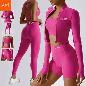 Conjunto de roupas esportivas de fitness personalizadas para mulheres, kit de roupas de ginástica para mulheres, roupa de moletom e levantamento de bunda, manga longa, 4 peças, conjuntos de ioga