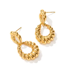 New Arrival Twist Hoop Pendant 18K Real Gold Plated Stainless Steel Texture Drop Earring For Women