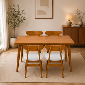 Ensemble de table à manger en teck moderne avec chaises rembourrées confortables, écologique, personnalisable, 5 pièces, meubles de salle à manger pour la maison - Product Image 1