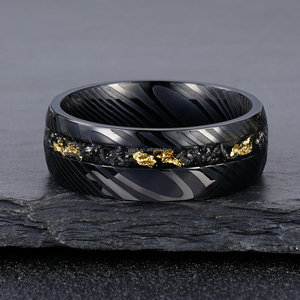 POYA 캐주얼 8mm 블랙 스테인리스 스틸 반지, 에칭 다마스커스 스틸 운석 조각 & 금박 인레이 약혼 및 약속 반지 - Product Image 2
