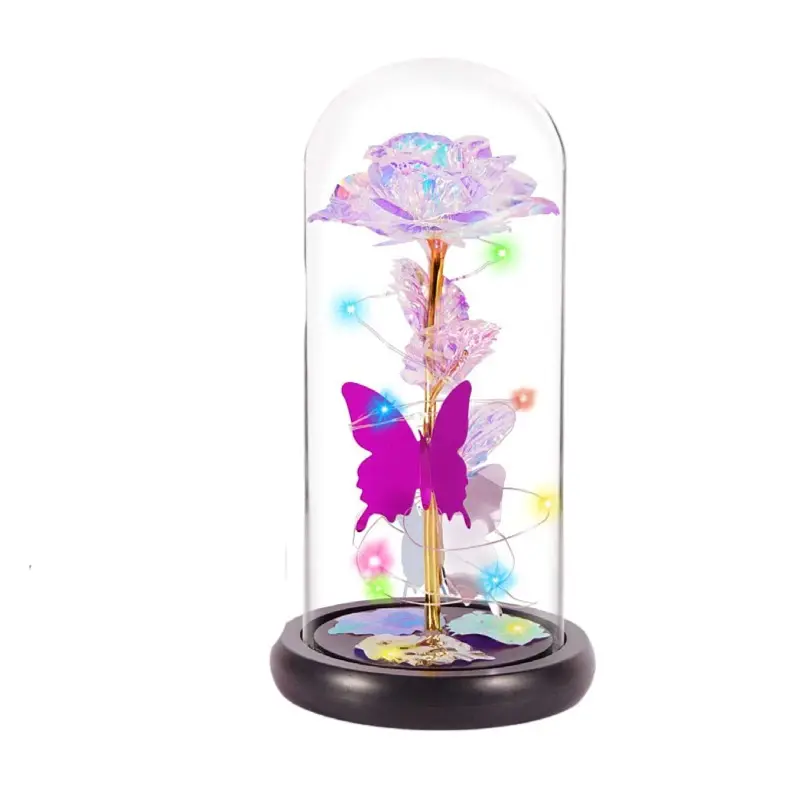 Artificiale saint Regali di san valentino con la farfalla Ha Condotto La Lampada 24k Lamina D'oro Rosa in Cupola di Vetro Fiori Decorativi Con le luci