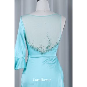 Une épaule Satin Broderie De Luxe Cristal Turquoise Bleu Aline Moderne Dos Nu Robe De Soirée Col Haut Arabe Longueur Au Sol - Product Image 6