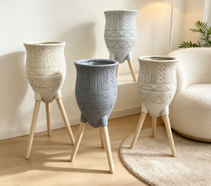 Tribal Geometric Tripod Planter Set, Tall Waisted Embossed Flower <b>Pot</b> with Wooden Legs - Product Image 4