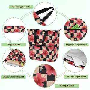Wholesale Custom Hawaii Tropical Checked Flower Book Bag Reusable Shoulder Bags Large Capacity <b>Handbag</b> for Book Class Knapsack - Product Image 3