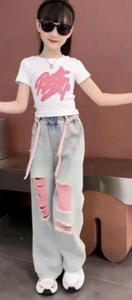 Set di Abbigliamento per Bambini Vendita Calda, Magliette a Maniche Corte con Graffiti e <span class=keywords><strong>Pantaloni</strong></span> Larghi in Denim, Completo 2 Pezzi per Ragazze Adolescenti - Product Image 3