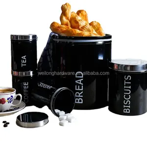 Eco-friendly Round Black Metal Jar Food Tea Coffee Sugar Storage Jars Canisters With steel Lid