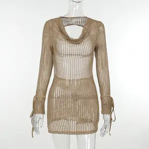 Knitted Long Sleeved Hollowed Out Backless Dress Autumn Fashion Spicy Girl Slightly Transparent Short Skirt For Women