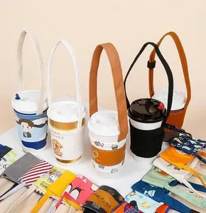 fashion eco friendly reusable custom printing canvas coffee cup sleeve with straw
