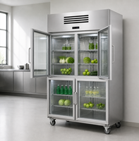 Réfrigérateur commercial vertical 4 portes 1300L avec porte vitrée, économie d'énergie, dégivrage automatique, éclairage LED pour hôtel et buffet