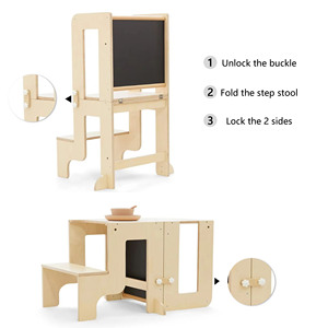 Toddler Adjustable Step <b>Stool</b> Multifunctional Montessori Wooden Baby <b>Kitchen</b> <b>Helper</b> Learning Tower With Blackboard - Product Image 4