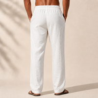 Pantalon en lin blanc pour homme, avec cordon de serrage sur la couture avant, coupe large, idéal pour la plage et les vacances, personnalisable OEM
