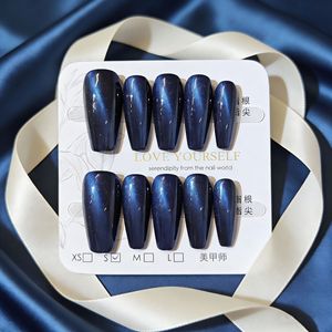 Faux <span class=keywords><strong>ongles</strong></span> longs en amande à presser, <span class=keywords><strong>bleu</strong></span> <span class=keywords><strong>marine</strong></span> effet œil de chat, 10 pièces, faits main, couvrance totale, en acrylique, pour fêtes et usage quotidien - Product Image 3