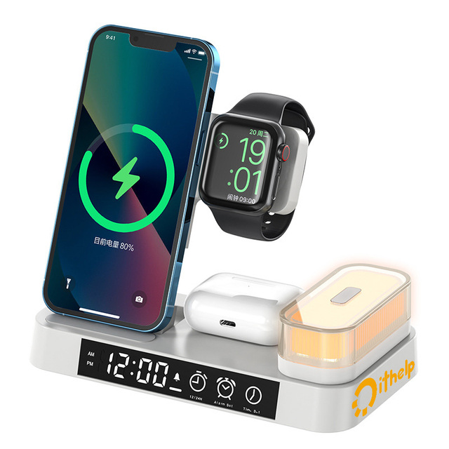 Electronic Gadgets 4 in 1 Alarm Clock Magnetic Night Light with Wireless Charging Station Promotional Gift Item