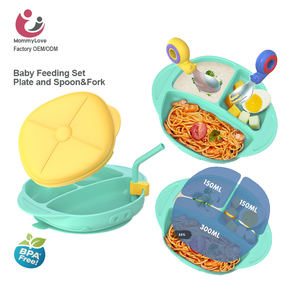 OEM personnalisé en <span class=keywords><strong>silicone</strong></span> de qualité alimentaire ensemble d'alimentation pour bébé animal cuillère fourchette enfants ventouse couverture de plaque vaisselle pour enfants pour bébés - Product Image 1