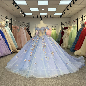 ชุดราตรีงาน Quinceanera 15 ปี รุ่น 1343 Elegant Blue Illusion Flower Pearls ประดับด้วยลูกปัดคริสตัลธรรมชาติ  แบบยาวลากพื้น  ตกแต่งด้วยลูกปัดและงานปัก - Product Image 2