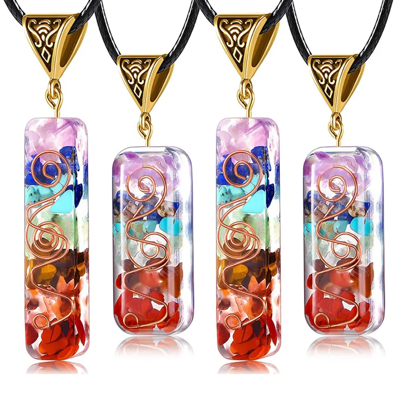 Retro Reiki Healing Colorful Chips Stone Natural Chakra Orgone Energy Pendant Necklace Pendulum Amulet Orgonite Crystal Necklace