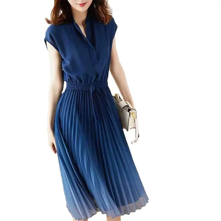 New Korean version elegant and flowy chiffon long dress high waist slim fashion dress pleated dress women